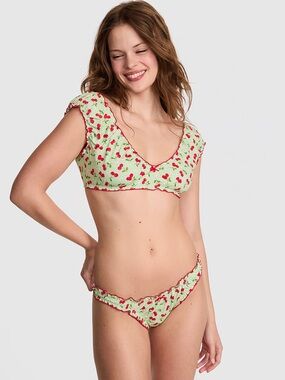 PINK by Frankie’s Bikinis Hudson Set Cherry Hearts Green Cheeky Ruffle Large